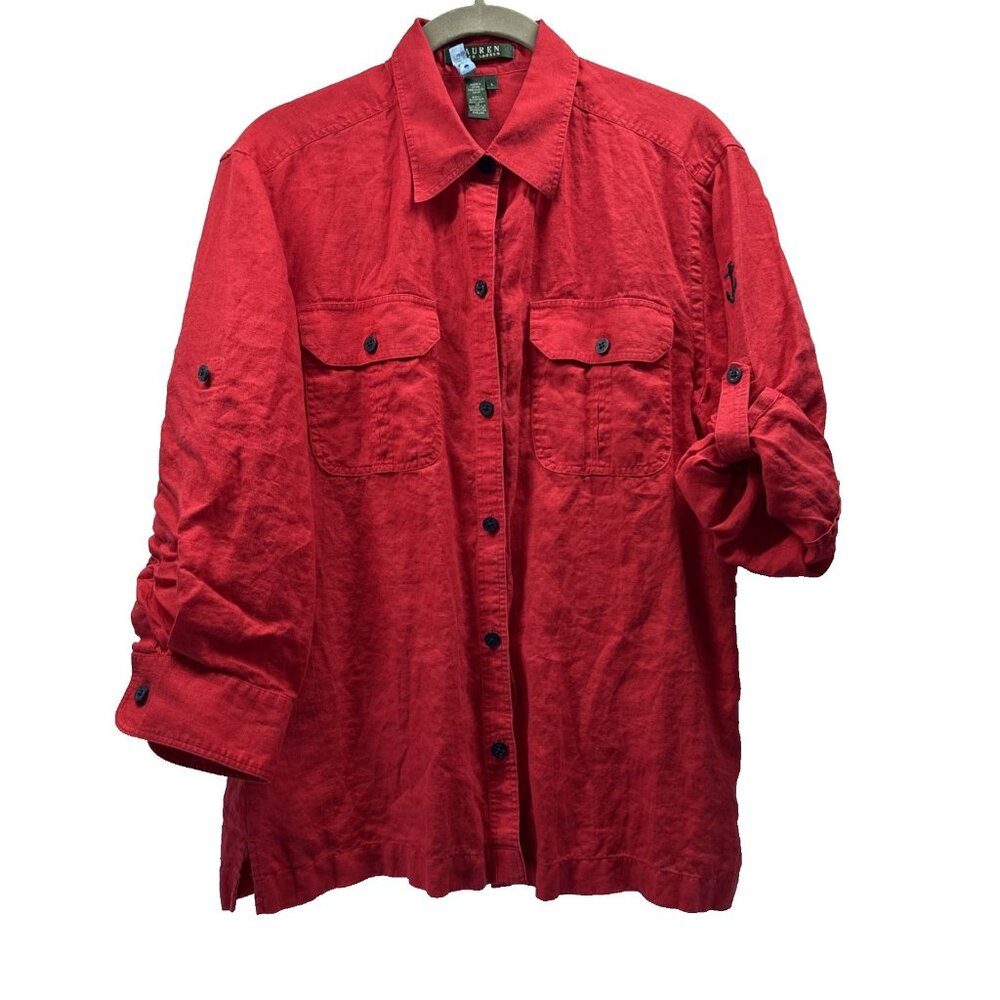Lauren Ralph Lauren Women's Top Size L 100% Linen Solid Red Blue Anchor Roll Tab